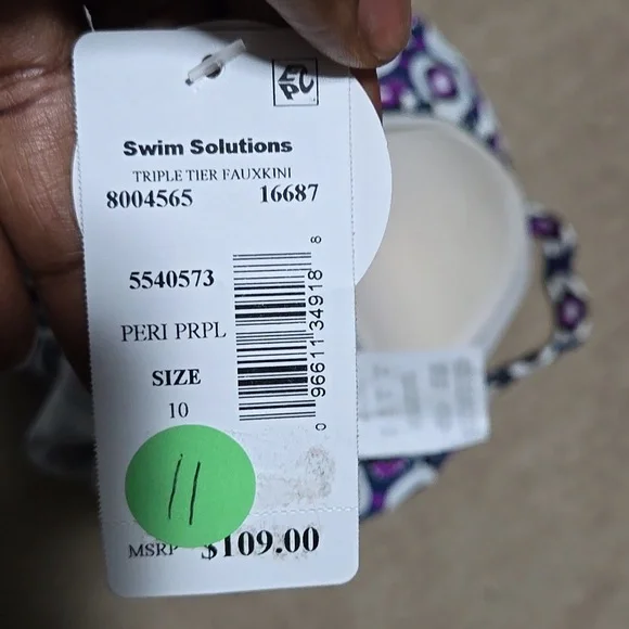 Swim Solutions Purple and White Geometric Triple-Tier Fauxkini Size 10 - Picture 10 of 10